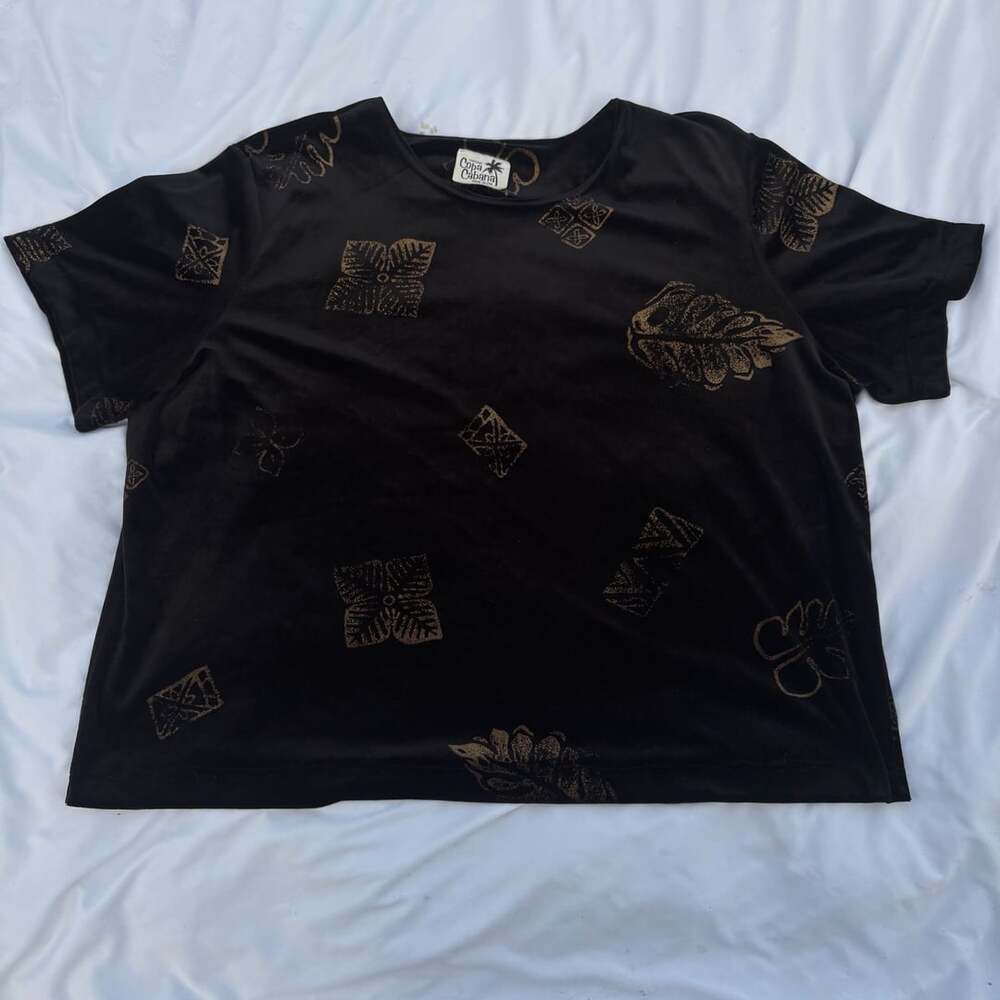Vintage Copa Cabana Black Gold Foil Nature Print Short Sleeve Top